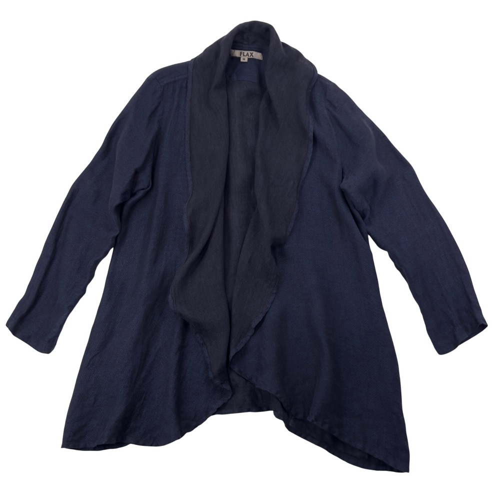 FLAX Linen Navy‎ Lagenlook Sz M Lightweight Duster Cardigan Open Front Waterfall